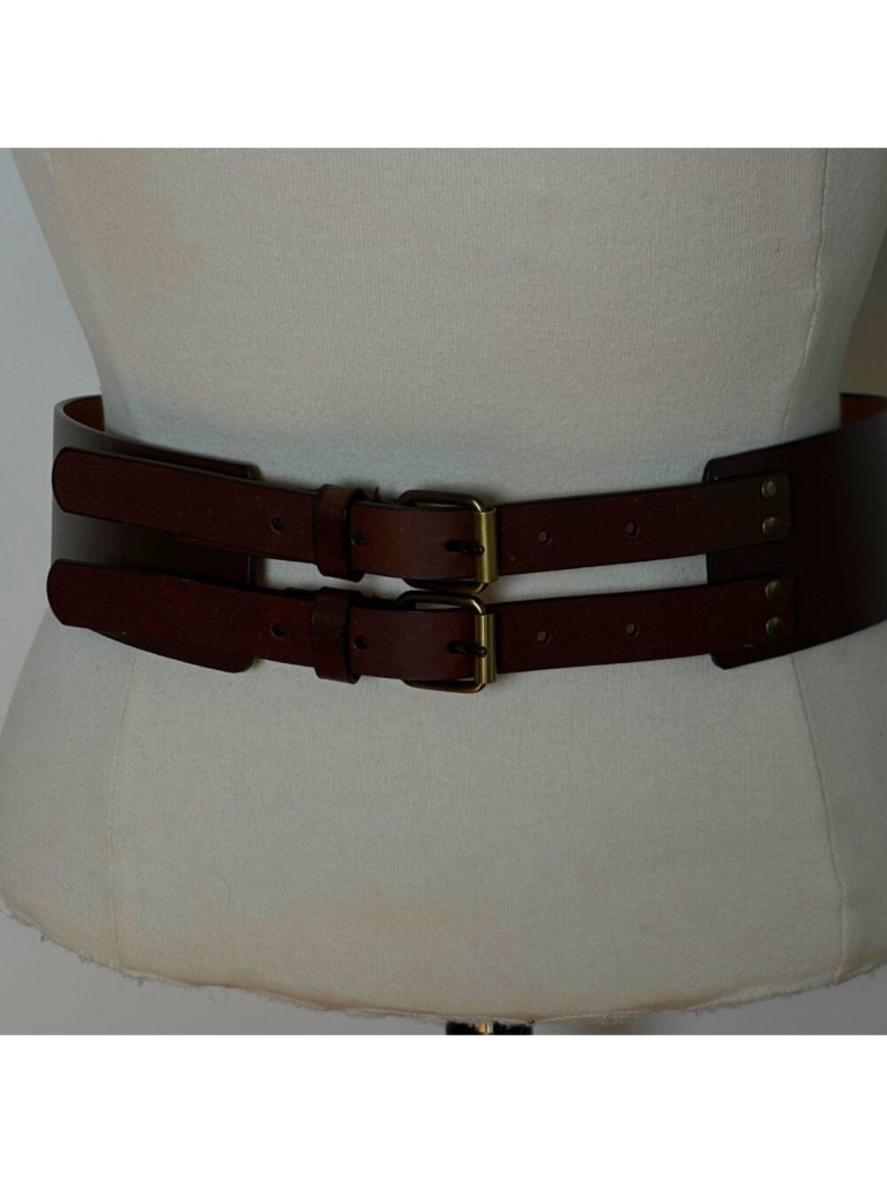 Vintage Y2K Double Buckle Wide Brown Leather Belt Womens Medium Equestrian
